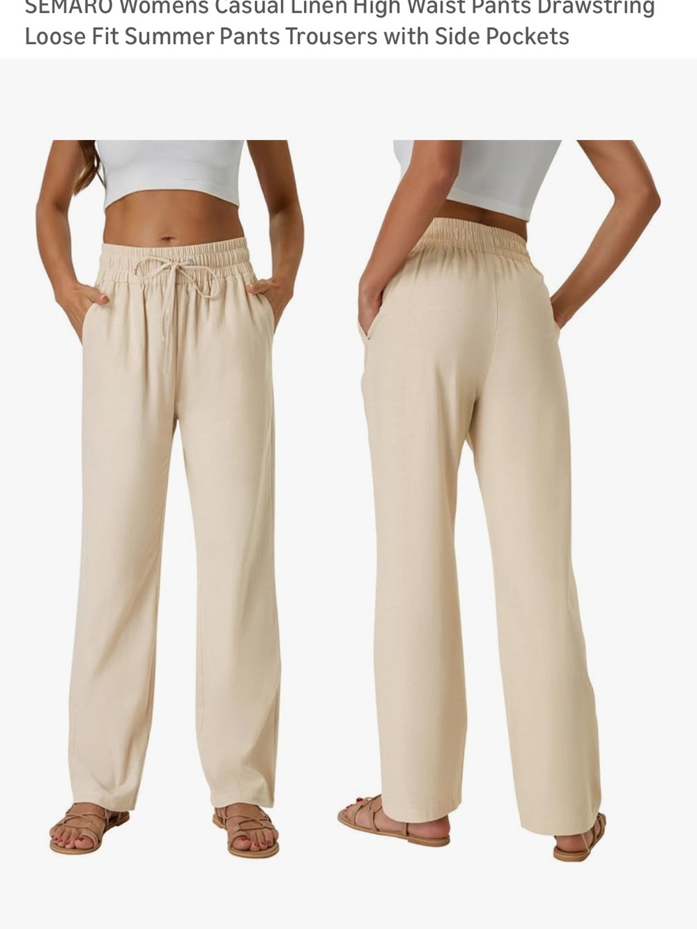 Amazon Beige High-Waist Linen Straight Leg Pants with Drawstring - Picture 2 of 3